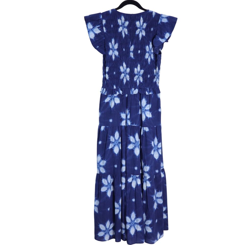 SEA Isla Midi Dress Navy Print Smocked Cotton Peasant Flutter Sleeve Women's 4 - Picture 3 of 12